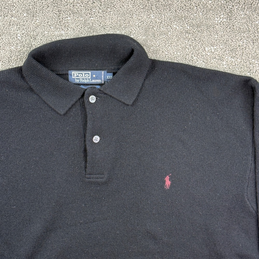 VTG Polo Ralph Lauren Sweater Mens XXL Black Lambswool Knit Polo Collar HK